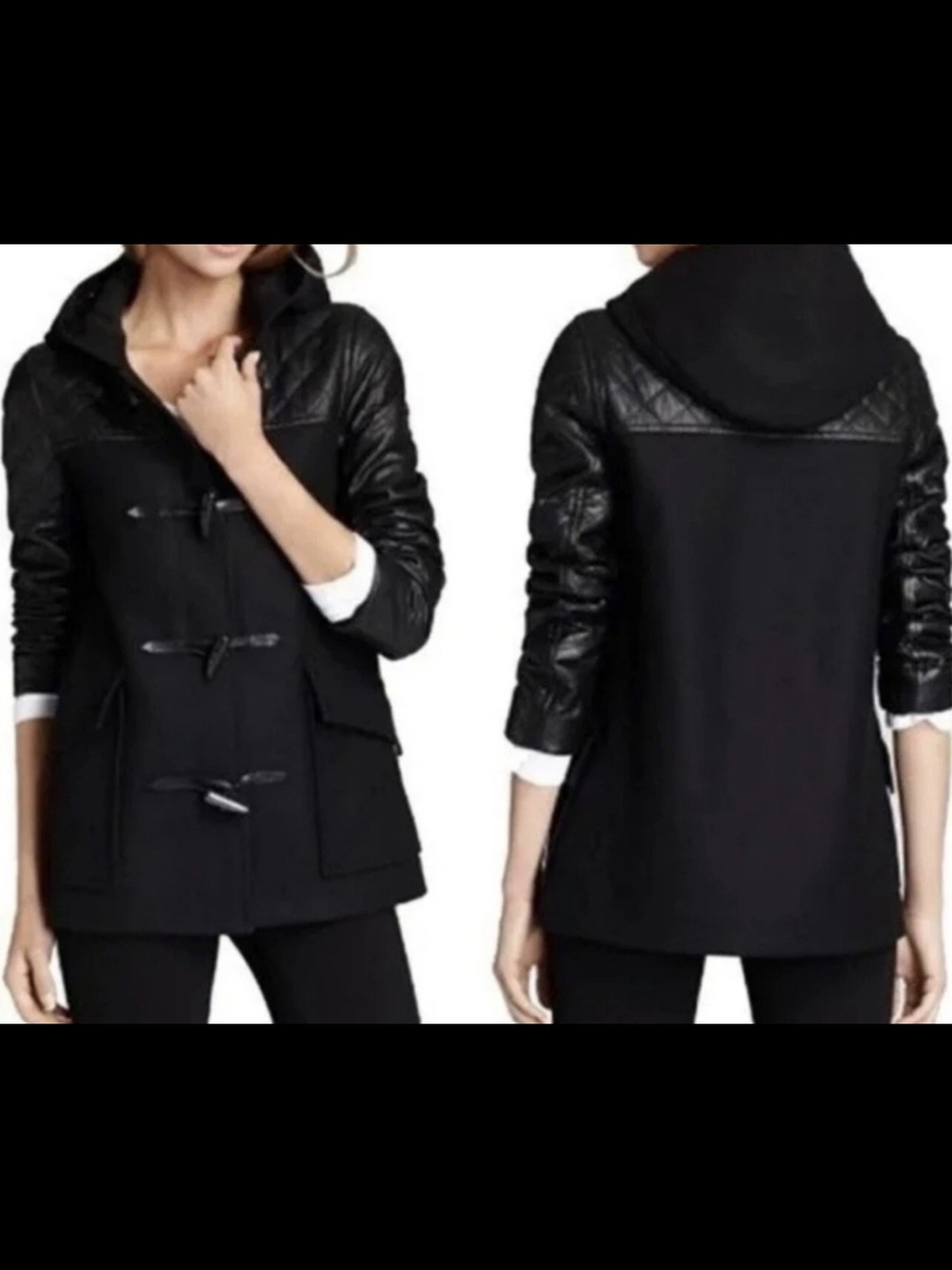 Theory Black Hooded Pea Coat with Quilted Faux-Leather Sleeves